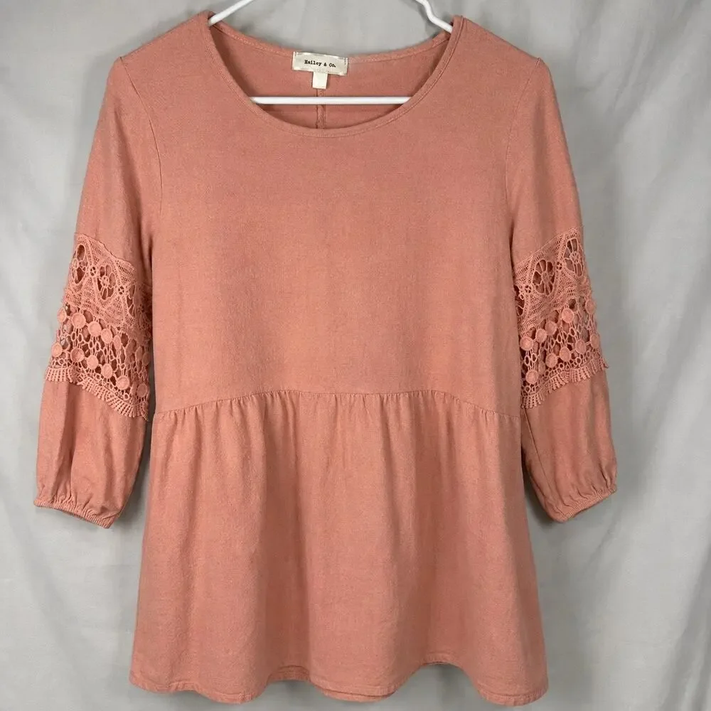 Hailey & Co. Dusty Rose Lace Sleeve Babydoll Blouse Top Women’s Large Boho